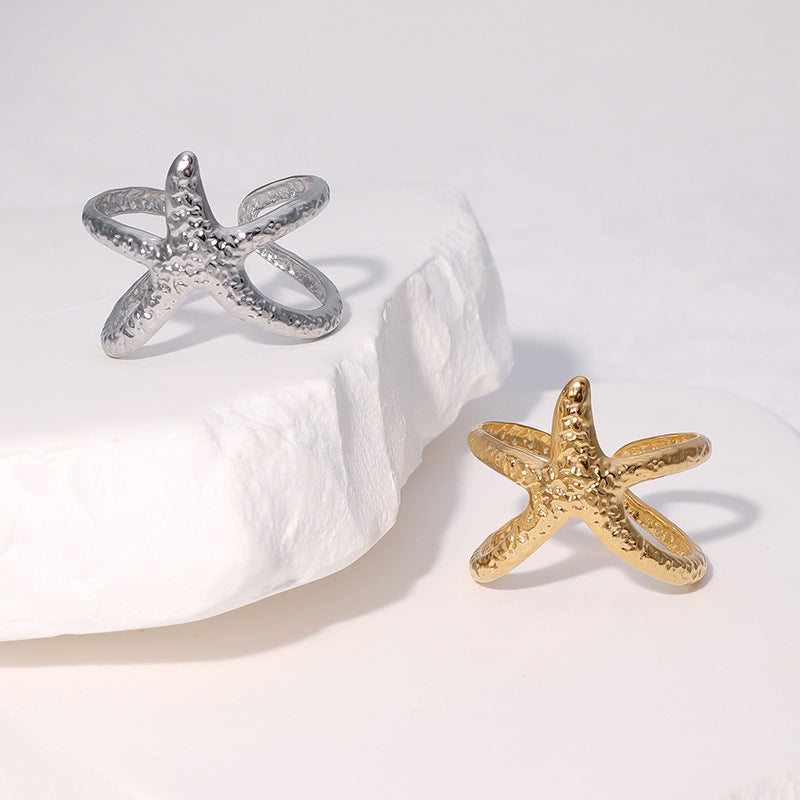 Minimalist Star-Shaped Stainless Steel Adjustable Open Ring for Women with Plated Finish