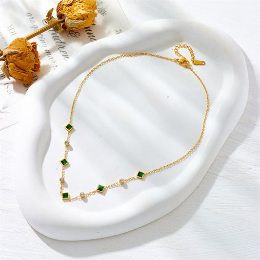 Minimalist Elegant Square Rhinestone Plated Stainless Steel Necklace and Bracelet Set for Women