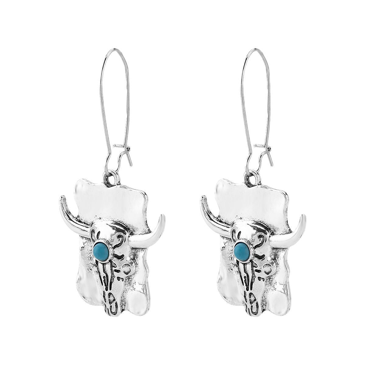 Pendientes bohemios de turquesa con cabeza de toro geométrica para mujer con base de aleación y acabado chapado