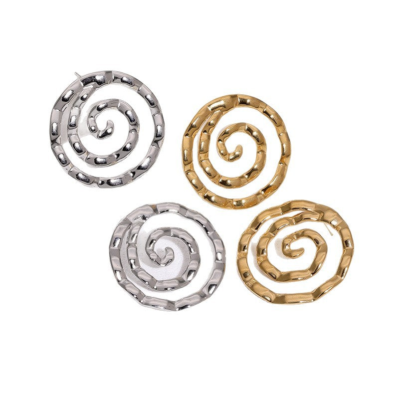 Minimalist 18K Gold Plated Round Stainless Steel Earrings with Spiral Pattern