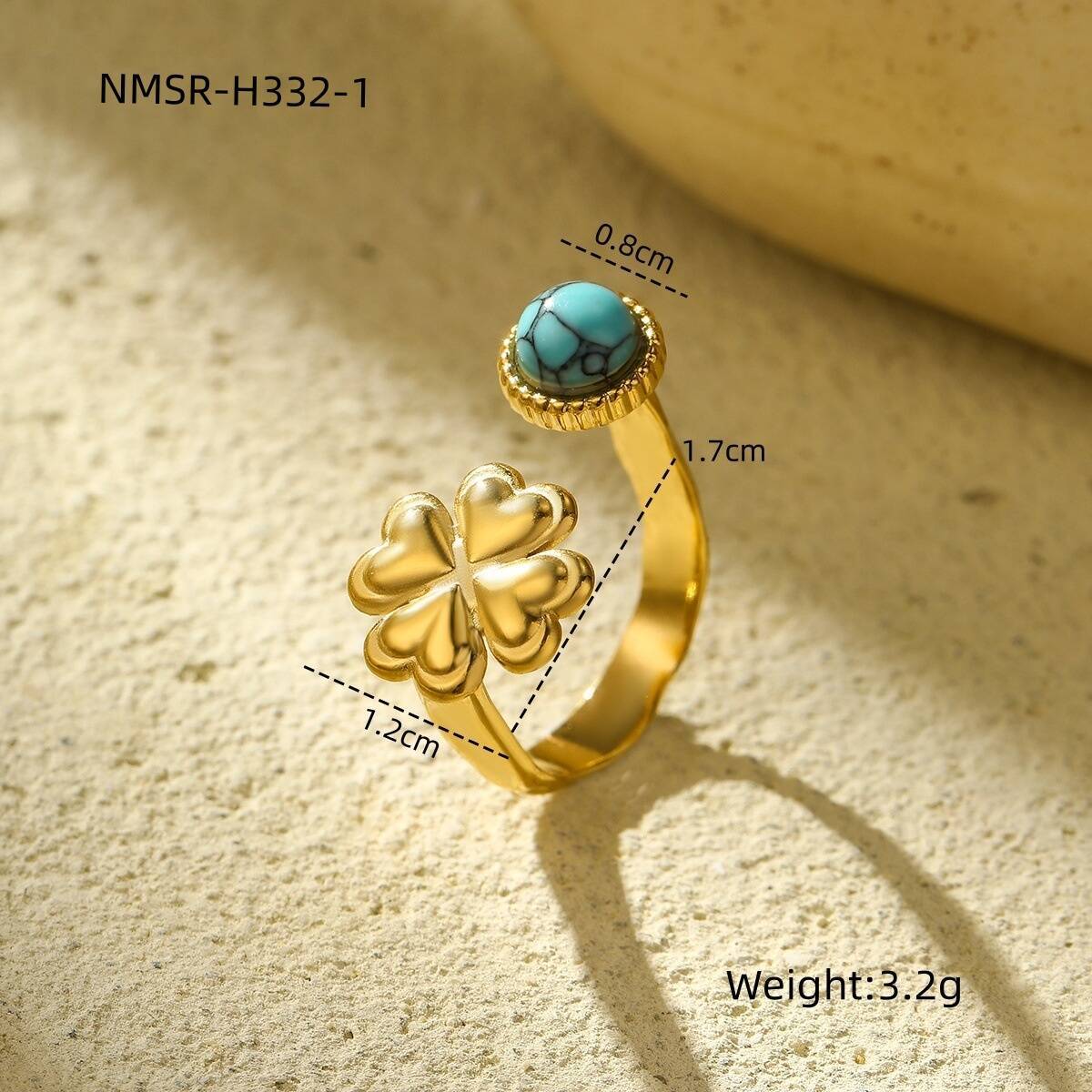 Fashionable Heart-Shaped Turquoise Natural Stone Stainless Steel Open Ring with Plating Finish for Women