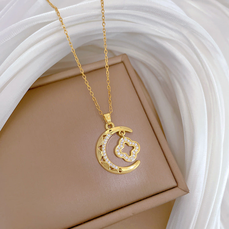 Minimalist Moon Pendant Necklace for Women Stainless Steel Delicate Clavicle Chain with Geometric Design and Natural Theme