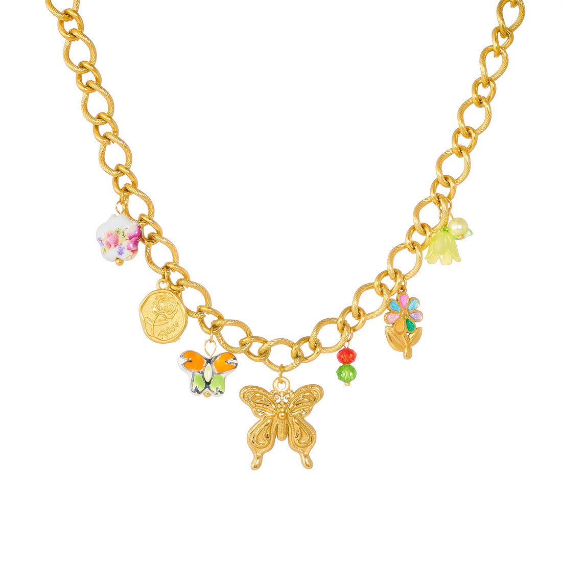 Sweet Elegant Gold Plated Ceramic Floral Butterfly Drip Oil Pendant Necklace and Bracelet Set for Women with Cable Chain