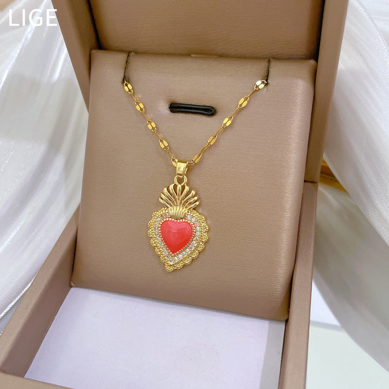 Vintage Crown Heart Shaped Stainless Steel Necklace with Moon Motif for Women and Men, Minimalist Clavicle Chain with Full Rhinestone Accents