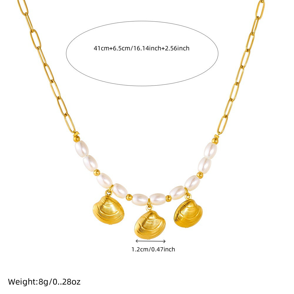 Minimalist Gold Plated Oval Stainless Steel Shell Pendant with Imitation Pearl Curb Chain Necklace for Women