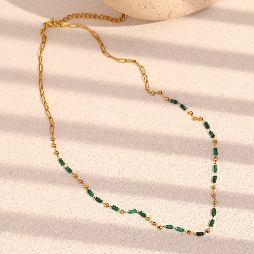 Vintage French Style Geometric Cylinder Pendant Necklace in Stainless Steel with 18K Gold Plating and Natural Stone Bead Accents
