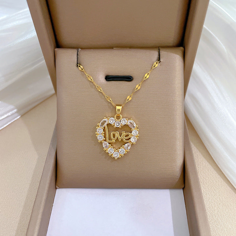 Luxury Titanium Steel Heart Pendant Necklace with Rhinestones for Women and Men Geometric Moon Pattern