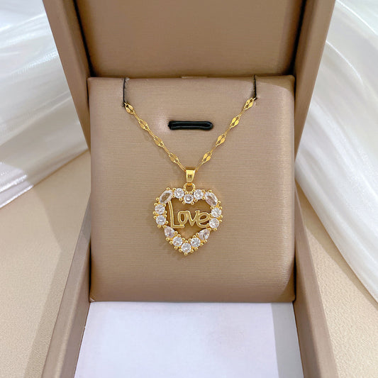 Collana con ciondolo a cuore di lusso in acciaio al titanio con strass per donna e uomo, motivo luna geometrico