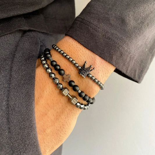 Unique Geometric Cross Crown Hematite Beaded Bracelet Set with Cubic Zirconia for Men and Women