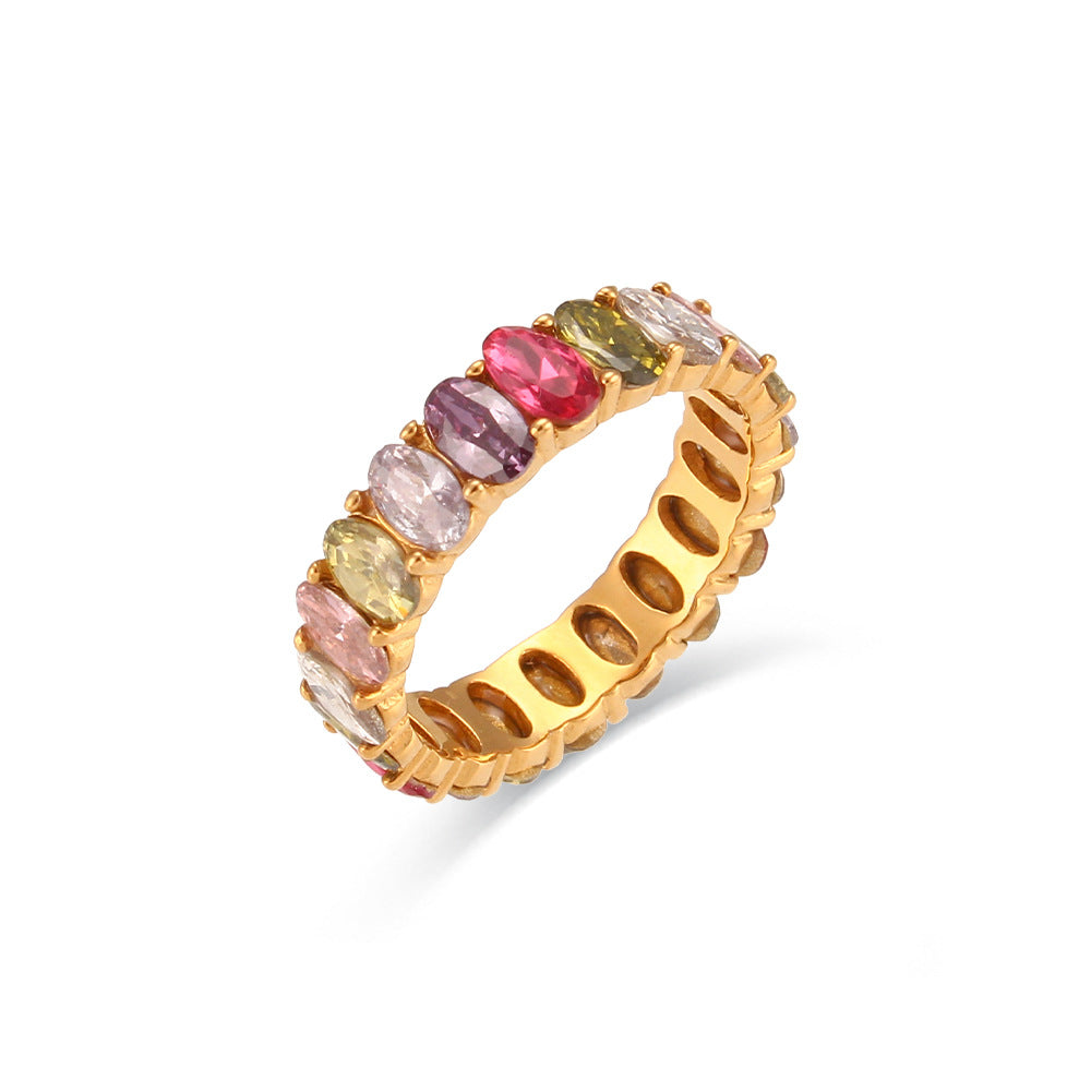 Anillo ovalado chapado en acero inoxidable minimalista de moda para mujer con acento de circonita