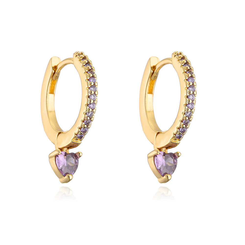 Geometric Heart-Shaped Copper Earrings with 18K Gold Plating and Zircon Inlay for Women