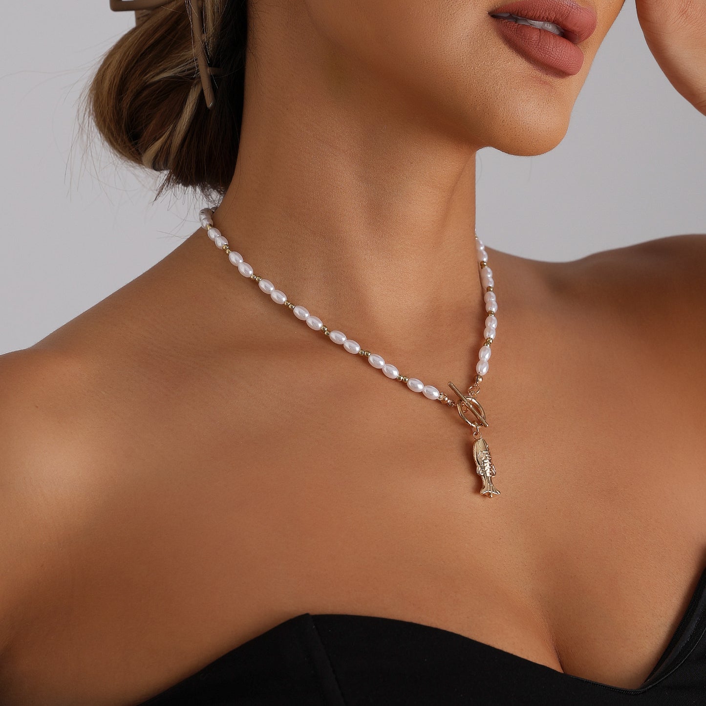 Creative Geometric Fish Pendant Necklace with Imitation Pearl Beads and OT Clasp for Women