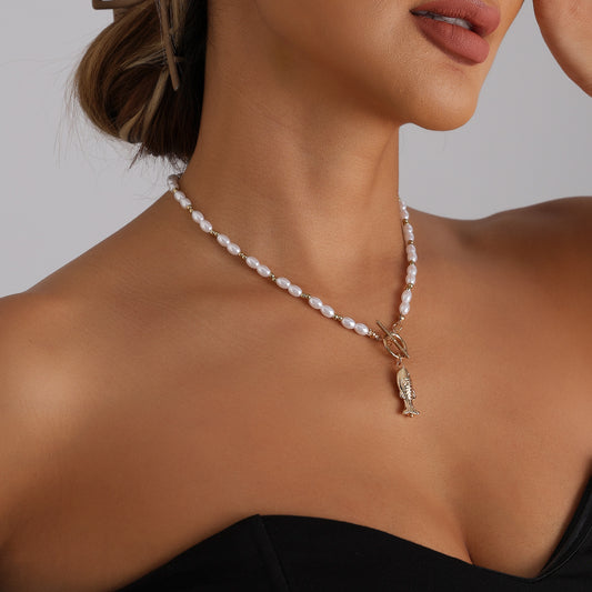 Creative Geometric Fish Pendant Necklace with Imitation Pearl Beads and OT Clasp for Women