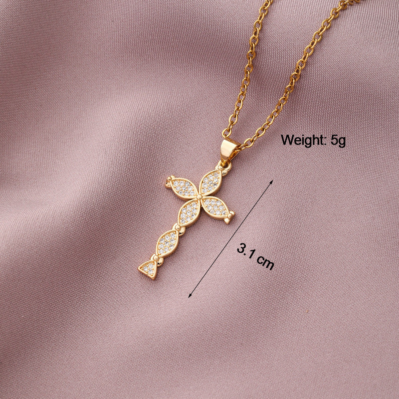 Collar Minimalista de Cobre con Colgante de Cruz e Incrustaciones de Pedrería en Cadena O para Uso Unisex