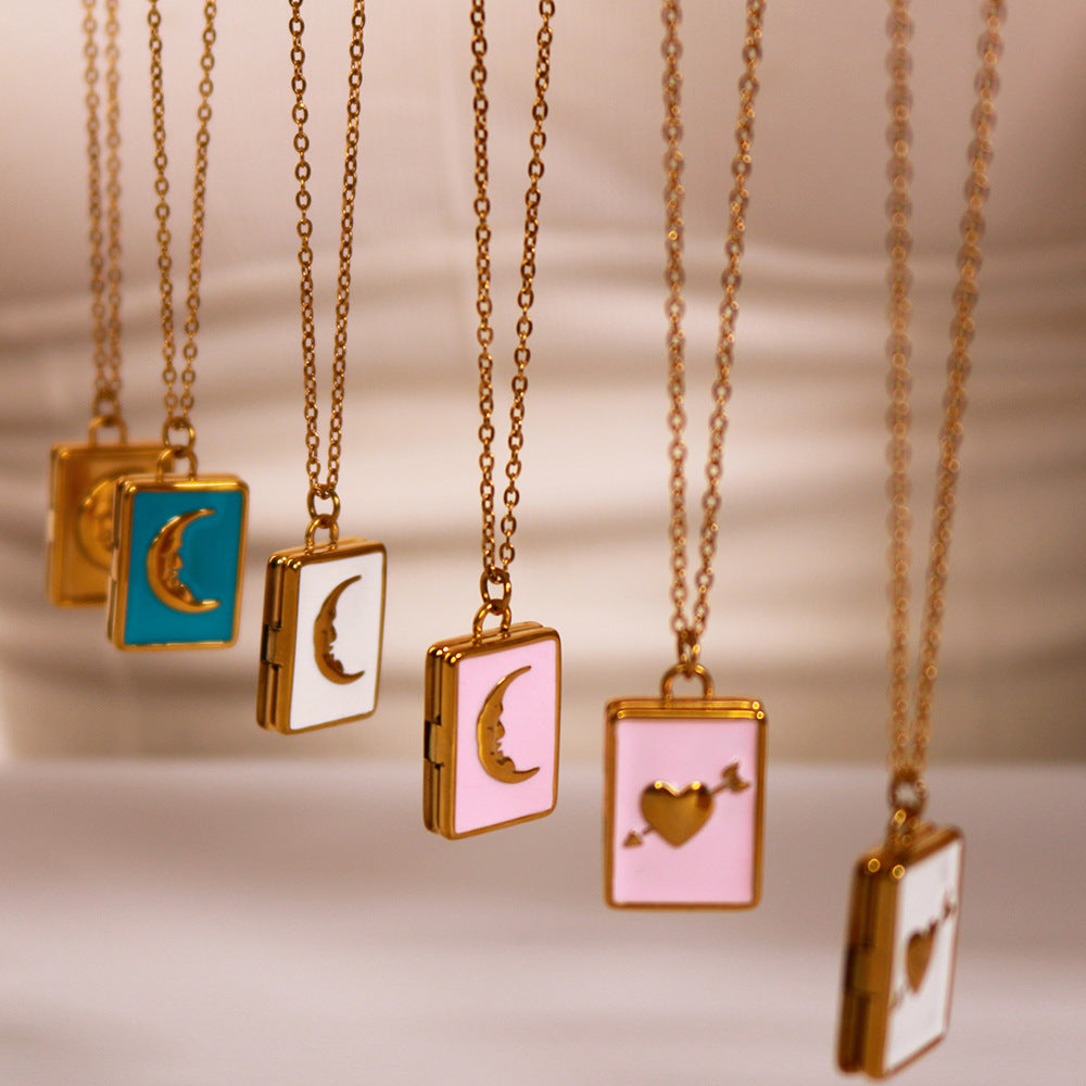 Minimalist Moon and Heart Shaped Enamel Pendant Necklace in Stainless Steel with 18K Vacuum Plated Finish for Women