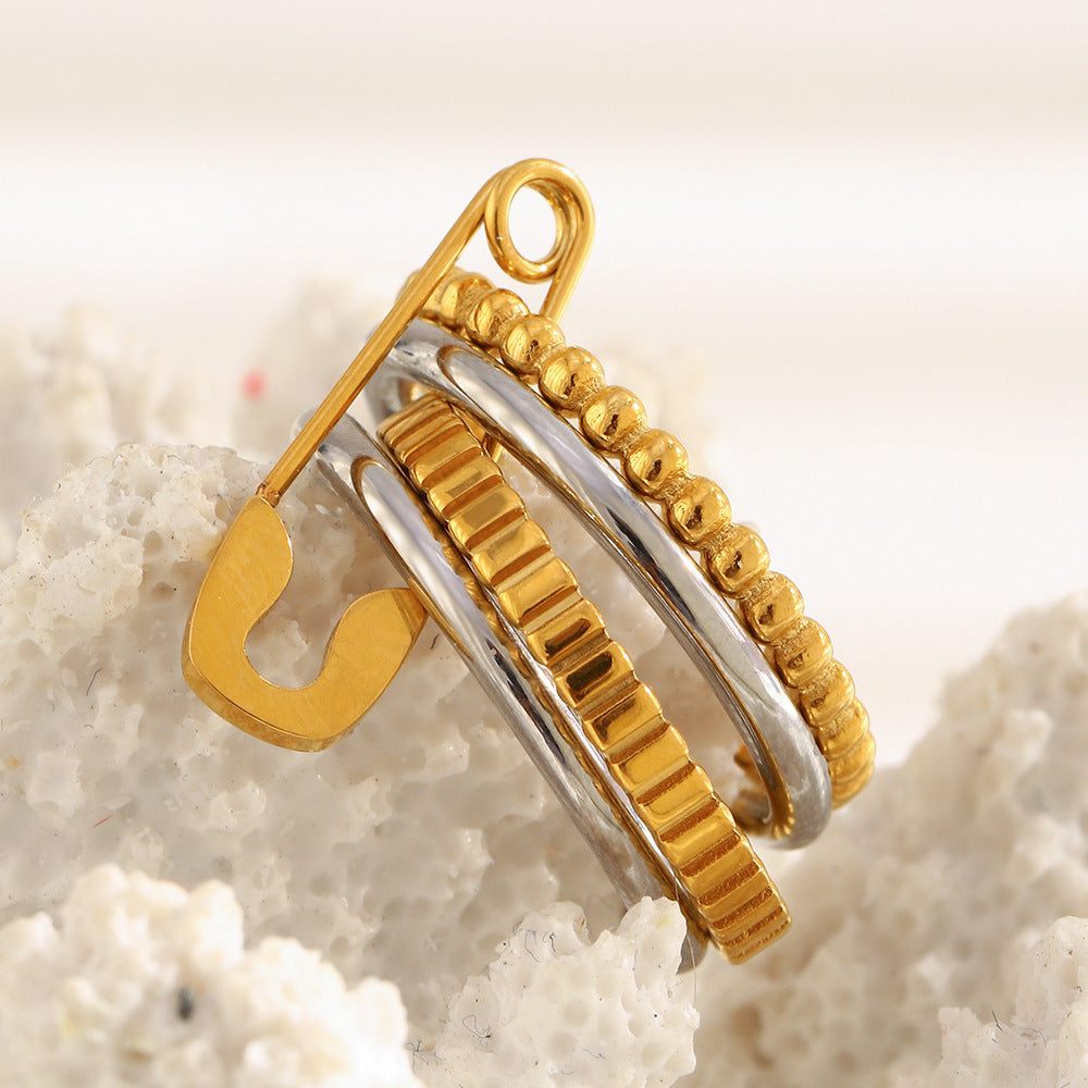 Anello da donna a quattro strati bicolore in acciaio inossidabile placcato oro 18 carati, geometrico minimalista, con un tocco di lusso
