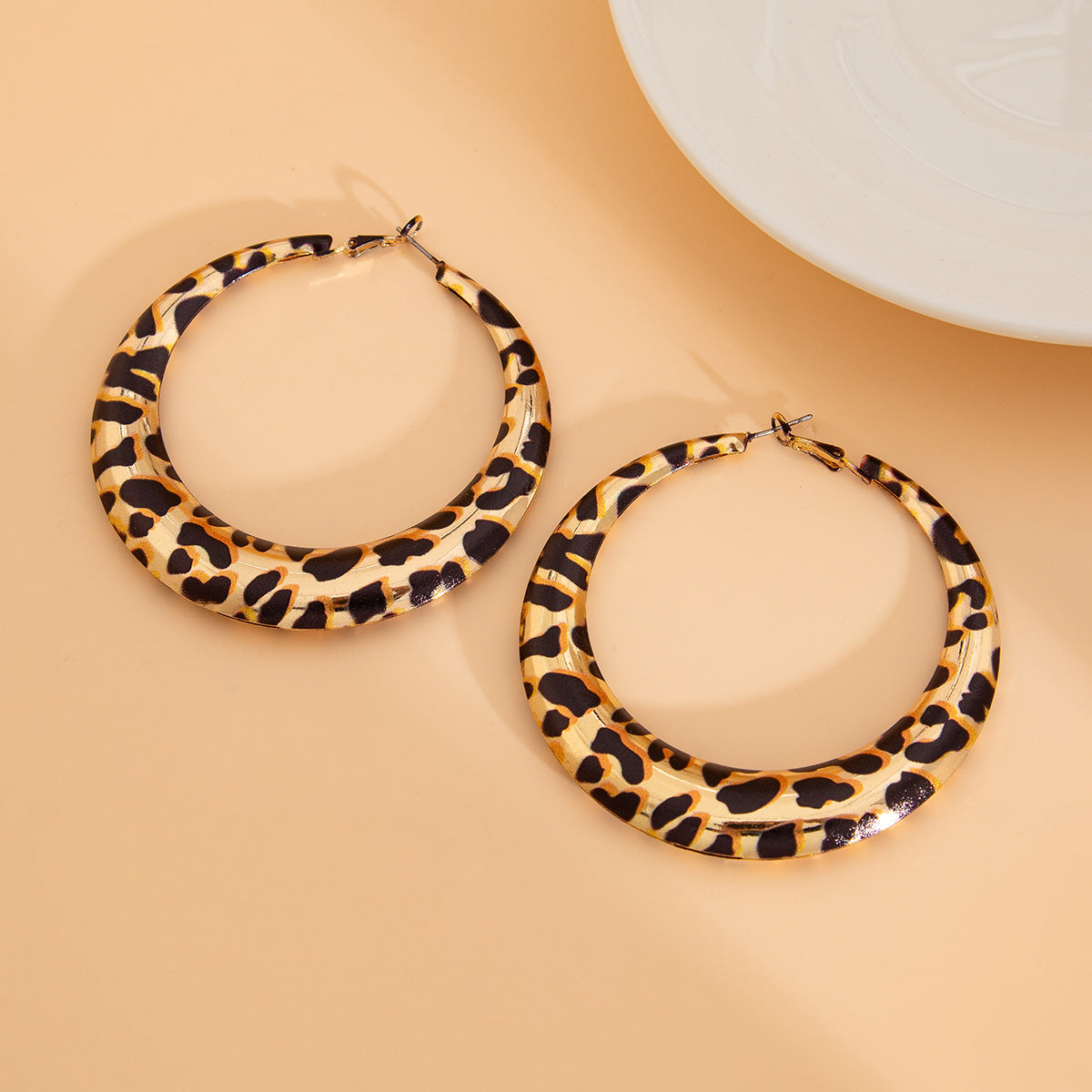 Exaggerated Leopard Print Geometric Plated Alloy Hoop Earrings for Women