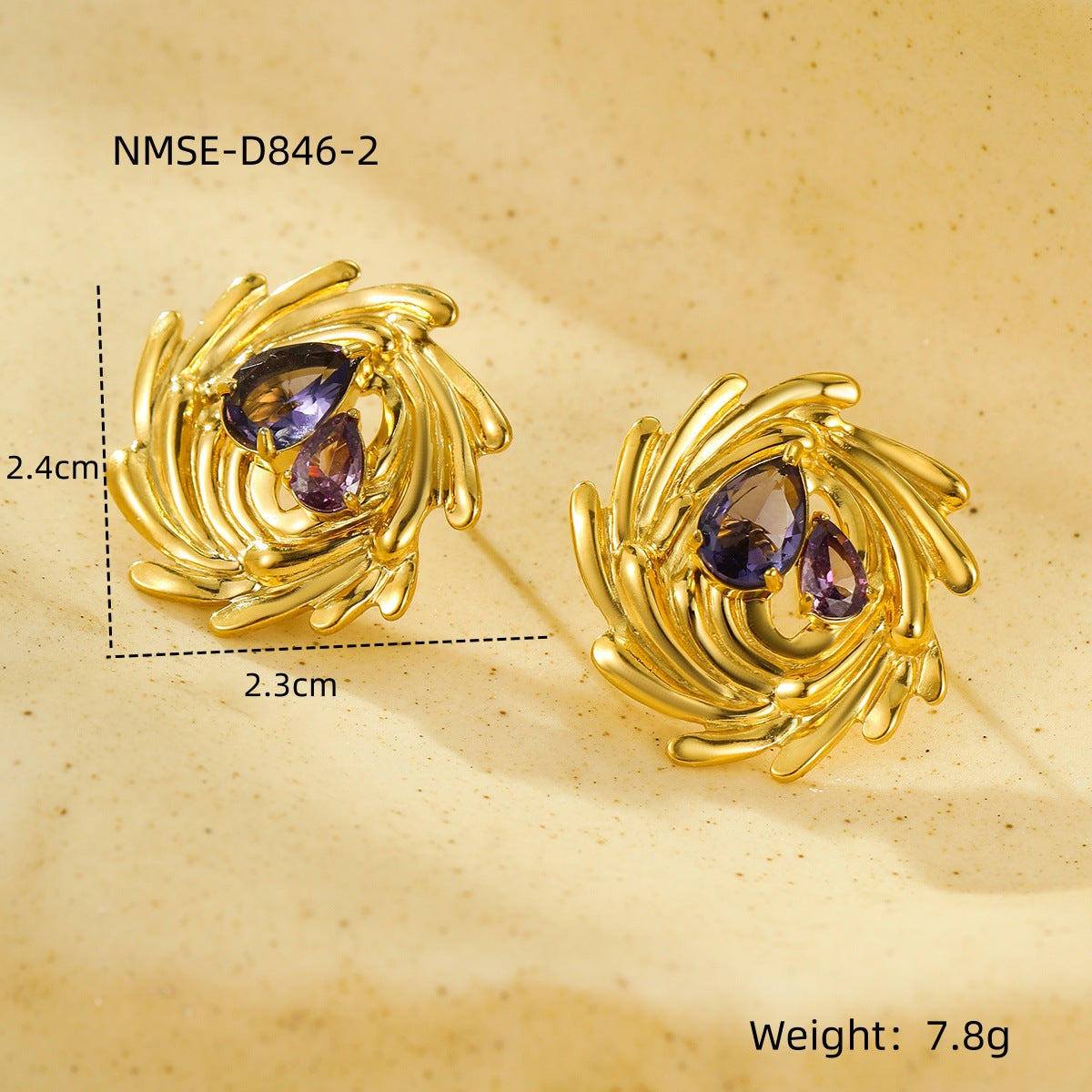 Orecchini a perno a spirale vintage in acciaio inossidabile placcato oro 18K con strass, da donna