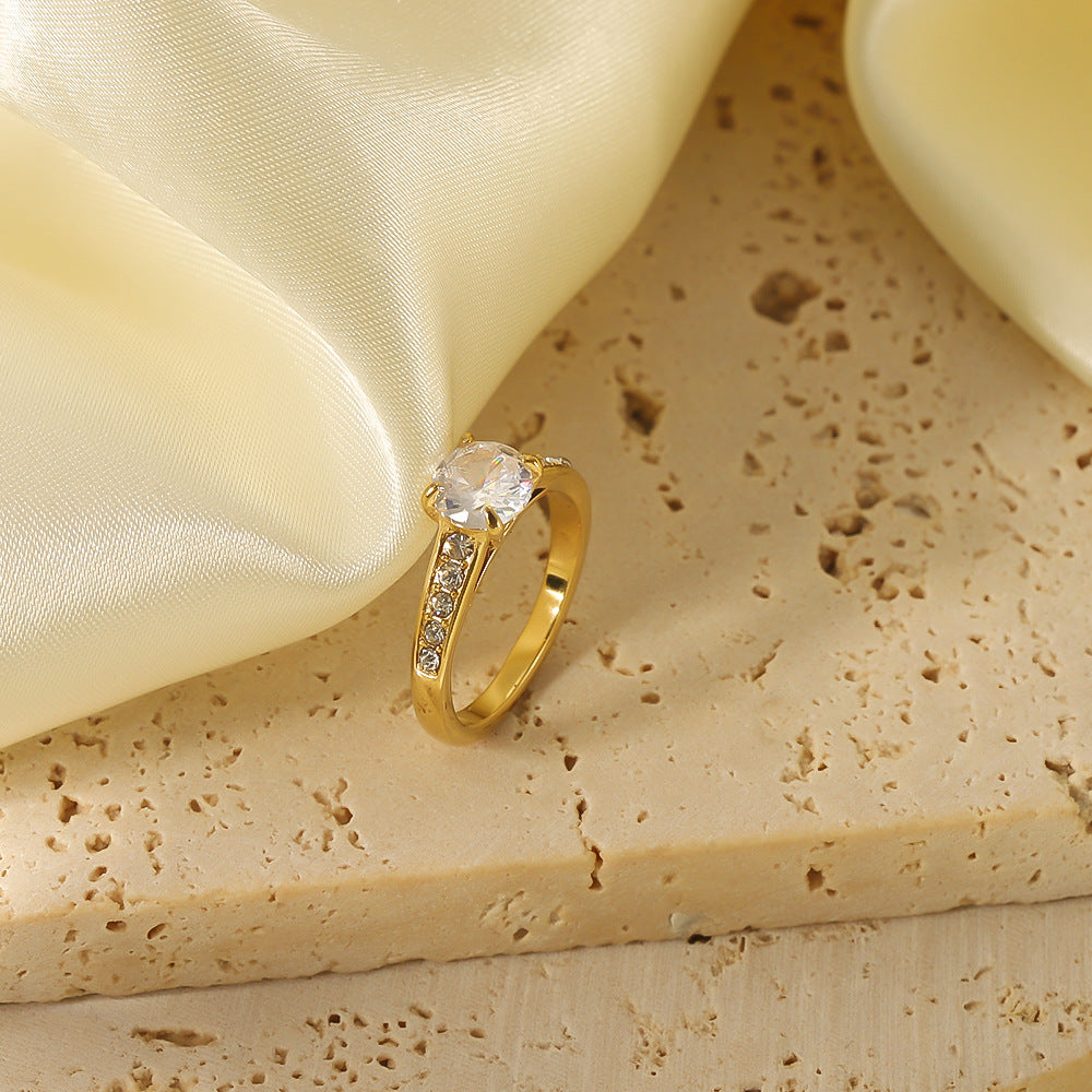 Vintage Geometric Four-Prong Rhinestone Ring 18K Gold Plated Stainless Steel Women's Jewelry