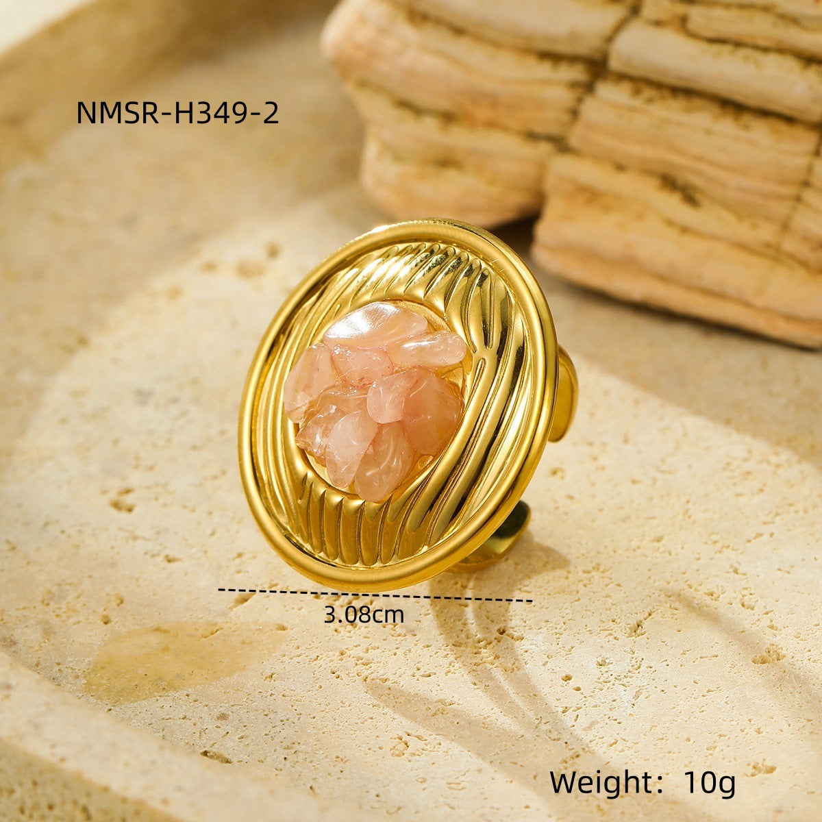 Light Luxury Geometric Textured Titanium Steel Ring with Natural Stone Inlay for Women
