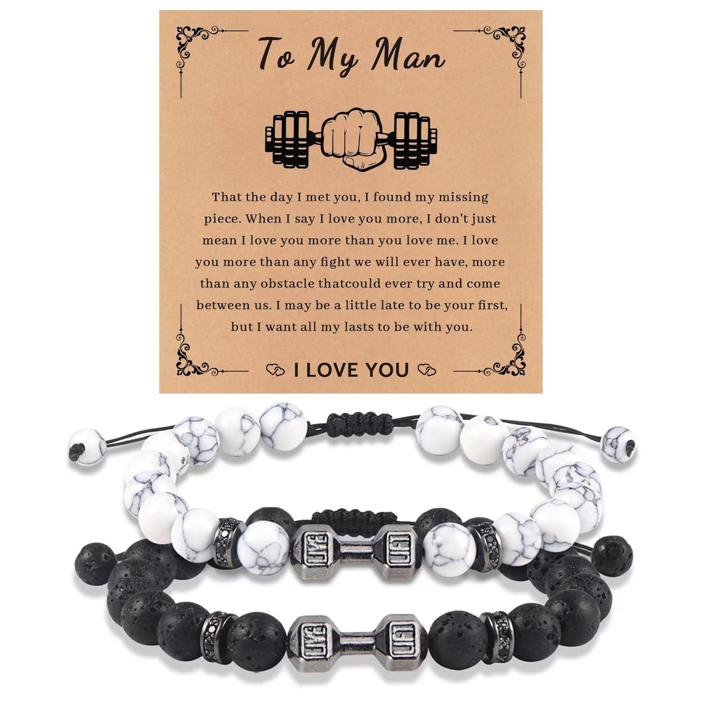 Minimalist Black and White Matte Geometric Dumbbell Pendant Turquoise Beaded Bracelet Set for Couples