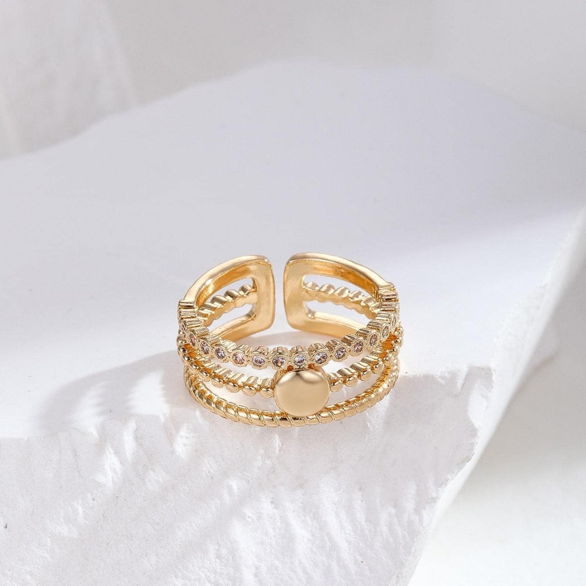 Anillo de cobre geométrico en forma de U estilo OL de moda con incrustaciones de circonitas, banda abierta ajustable para mujer