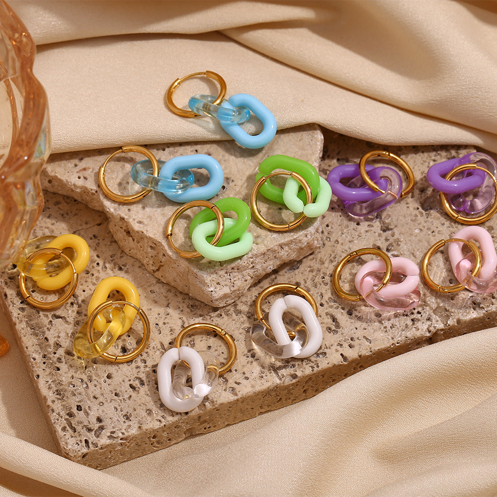 Pendientes de acero inoxidable geométricos de moda con baño de oro de 18 quilates y diseño de aro acrílico brillante para mujer