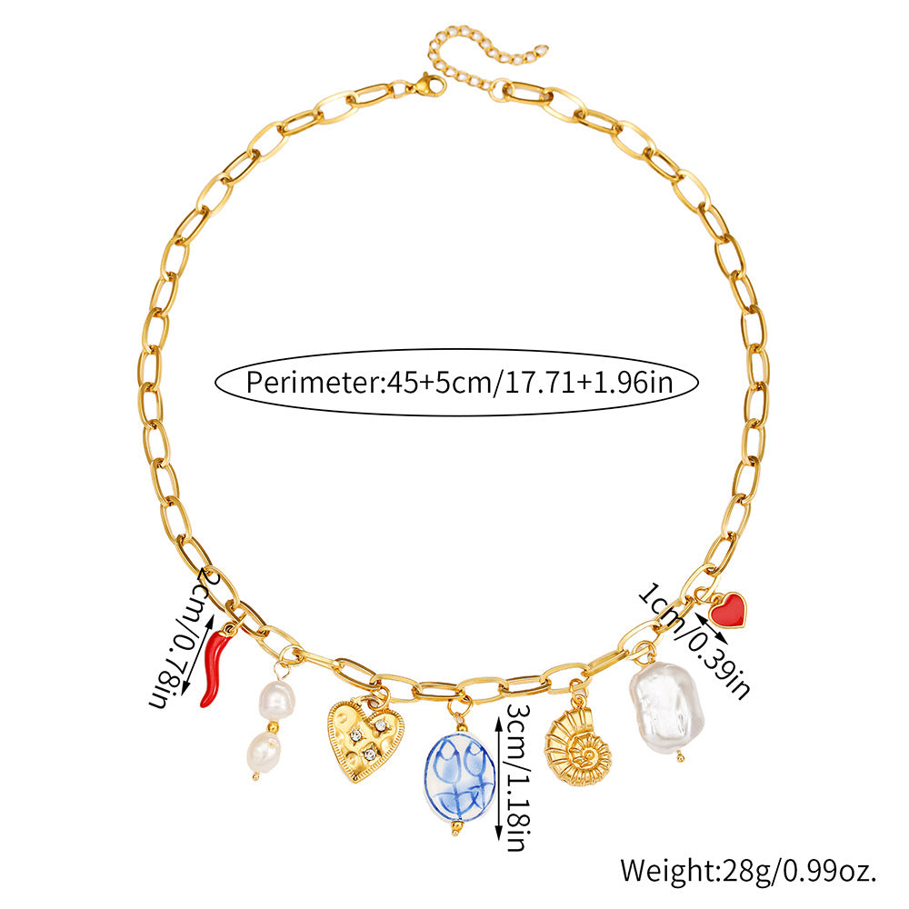 Streetwear Drip Oil Heart Stainless Steel Necklace with Imitation Pearl for Unisex