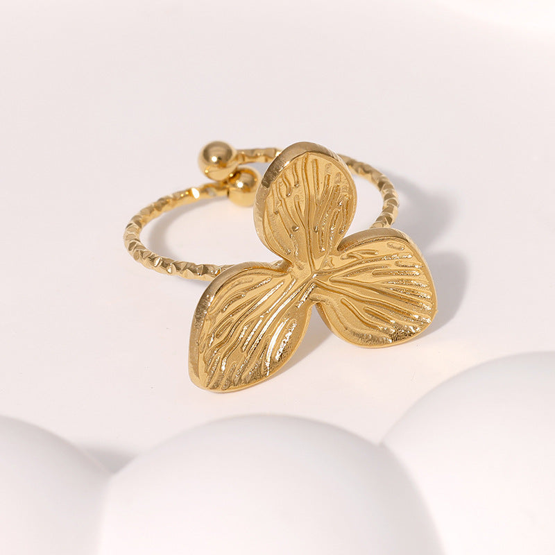 Minimalist Leaf-Shaped Stainless Steel Open Ring with Plating Finish for Women