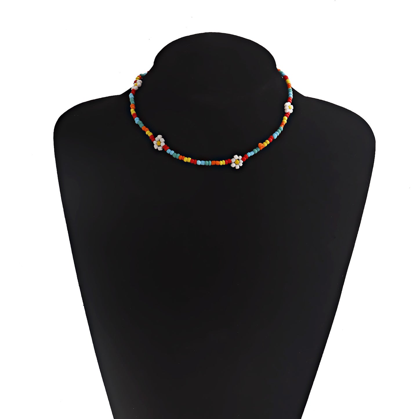 Colorful Beaded Ethnic Necklace with Geometric Design Alloy Pendant on Elastic Cord for Women