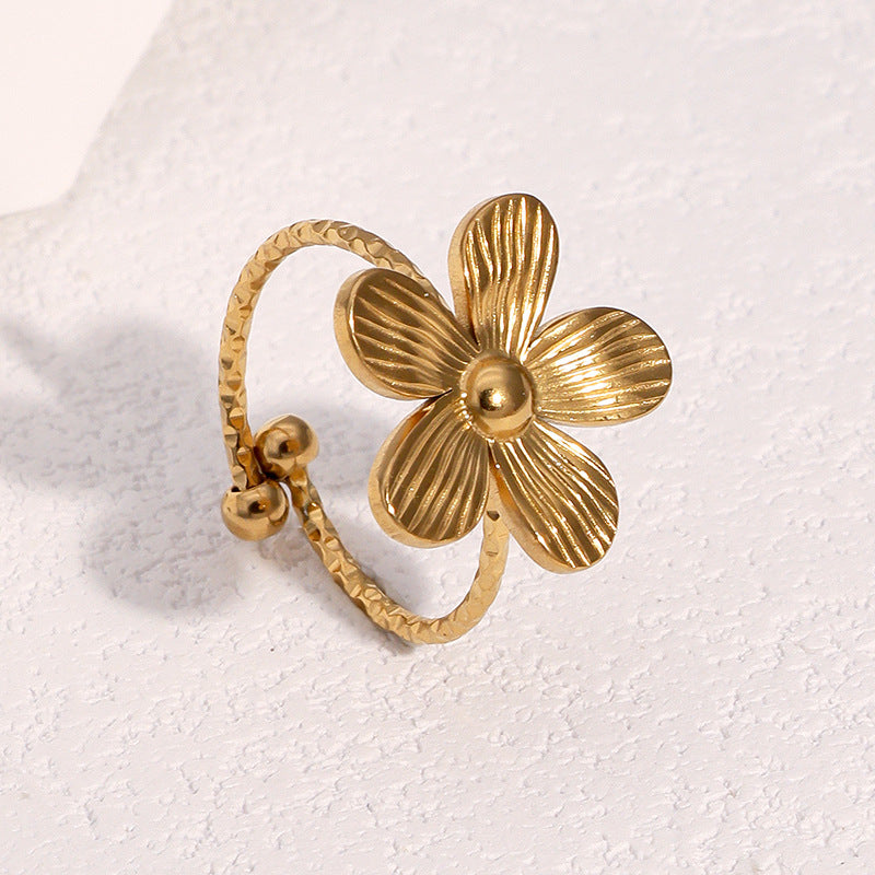 Anello Aperto da Donna Minimalista in Stile Francese con Fiori in Acciaio Inox Placcato Oro 18K