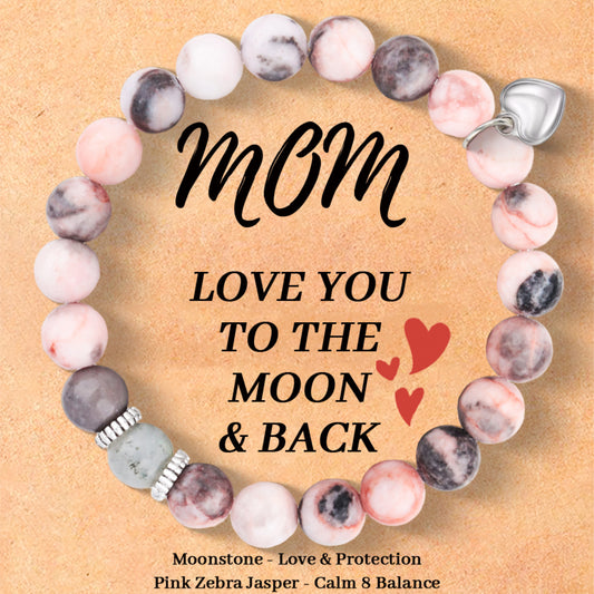 Minimalist Heart Pendant Zebra Agate and Moonstone Elastic Bracelet for Women