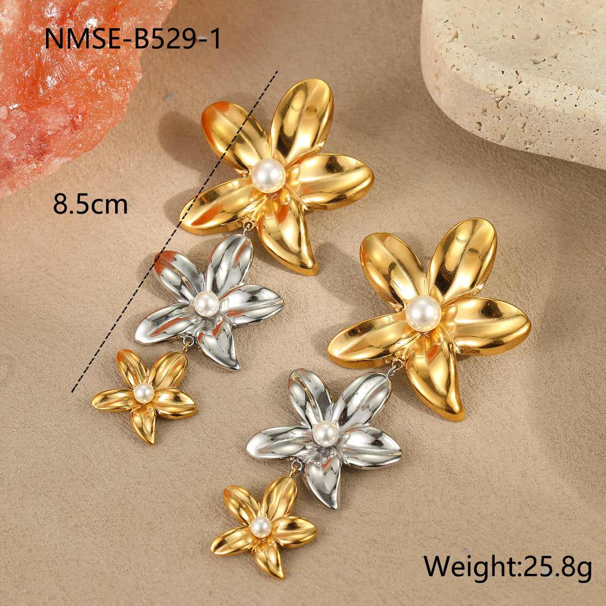 Elegante set collana con pendente floreale e orecchini in acciaio inossidabile placcato oro e argento da donna
