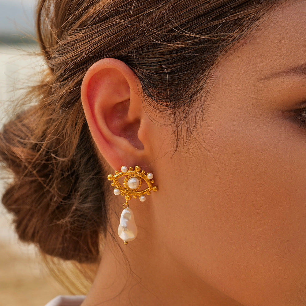 Pendientes de combinación de corazón de flor de ojo de demonio chapados en acero inoxidable geométricos estilo INS para mujer