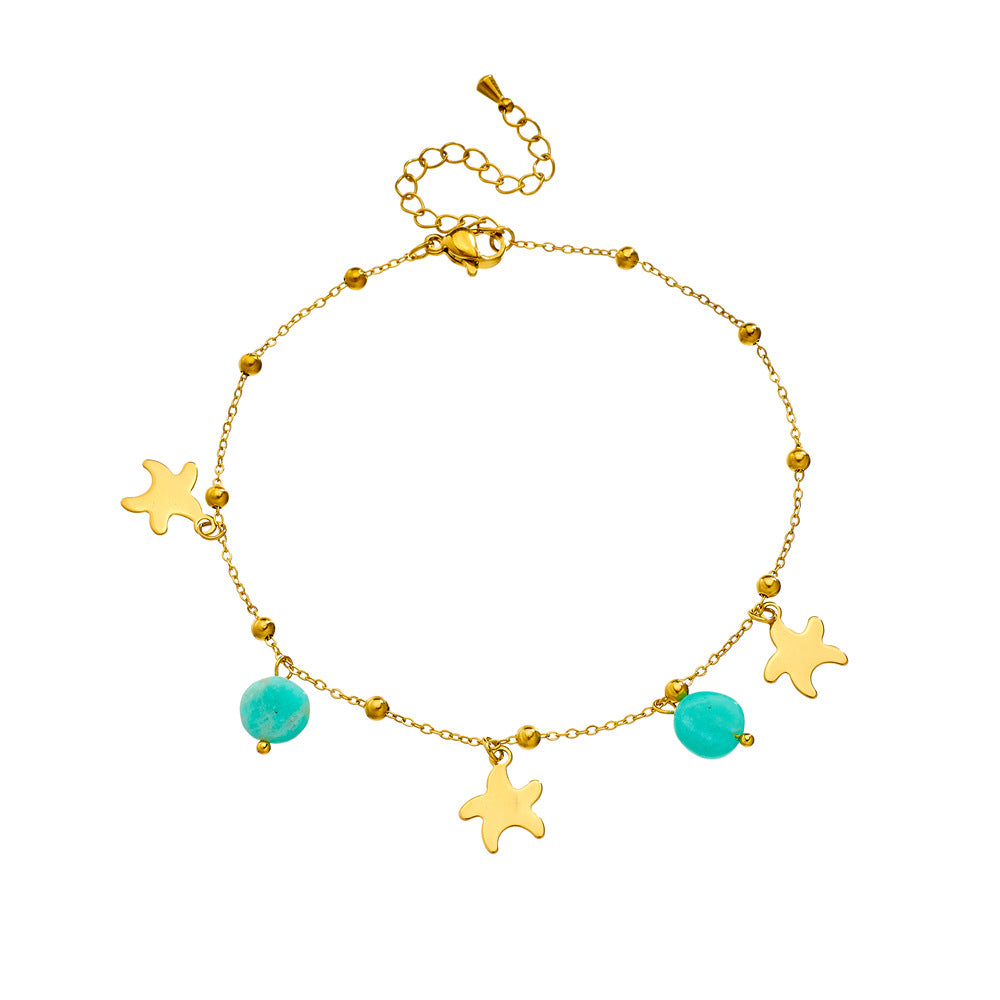 Minimalist Star-Shaped Mint Green Stone Pendant Polished Gold-Plated Stainless Steel Anklet