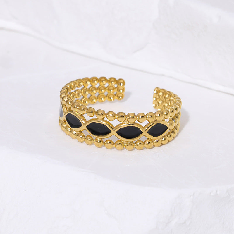 Vintage French-Inspired Geometric Stainless Steel Open Ring with Enamel Finish and 18K Gold Plating for Women