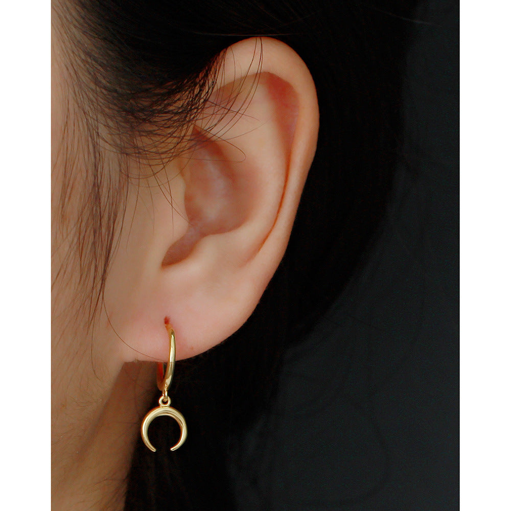 Sweet Minimalist 925 Sterling Silver Moon Geometric Polished Hoop Earrings for Women