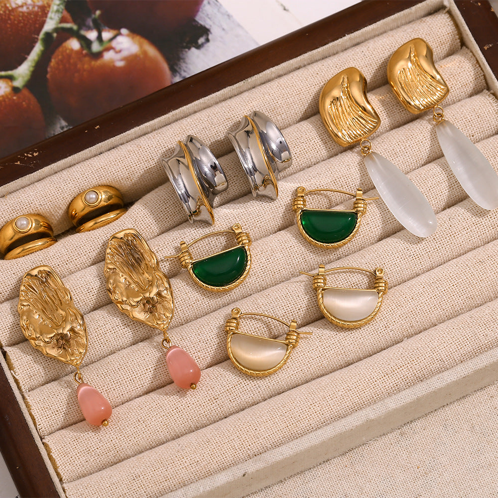 Vintage-Style Teardrop-Shaped Stainless Steel Earrings with 18K Gold Plating and Natural Stone Accents for Women