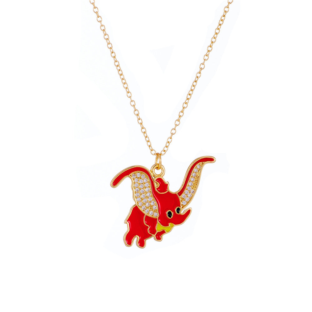 Collana pendente a forma di elefante minimalista da donna con base in rame e placcatura in oro 18 carati, finitura smaltata e intarsio in zirconi