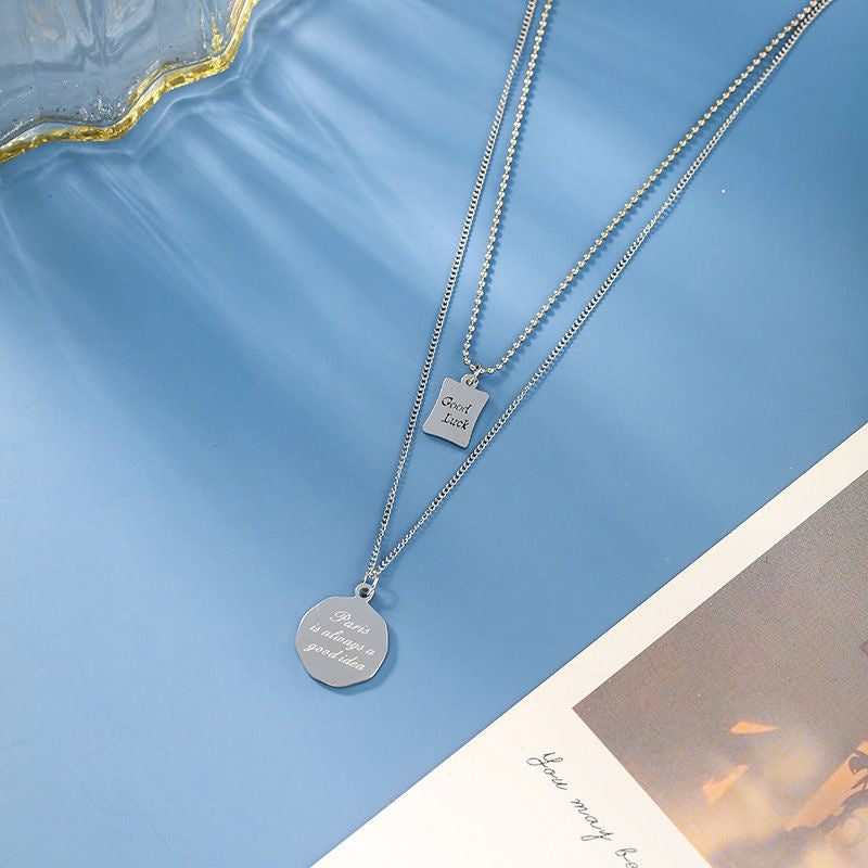 Minimalist Geometric Titanium Steel Plated Double-Layer O-Chain Necklace for Women with Good Luck Letter Pendant