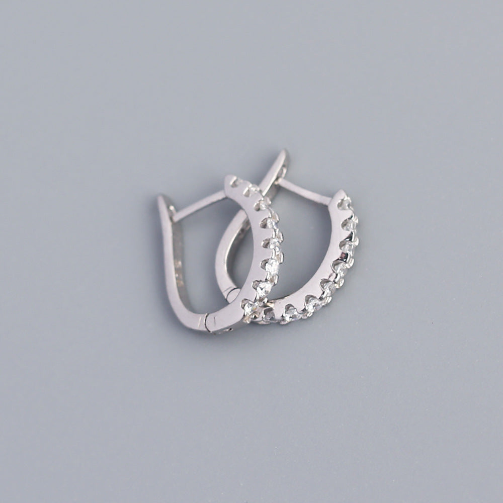 Pendientes de aro geométricos minimalistas en forma de U de plata de ley 925 con diamantes de una fila