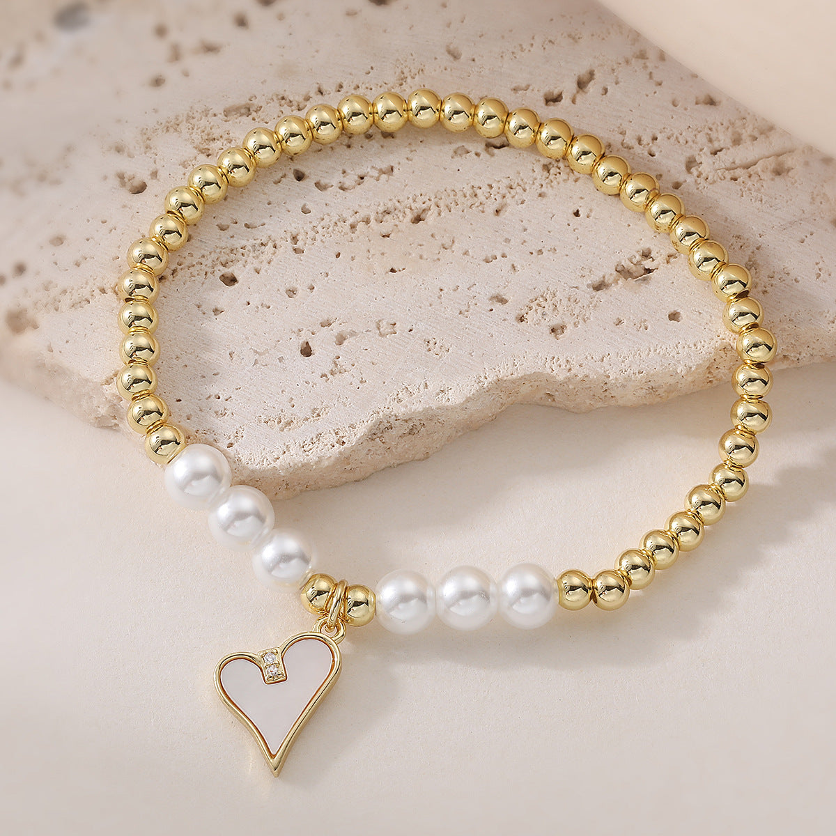 Elegant 18K Gold Plated Brass Butterfly Heart Geometric Pendant with Cubic Zirconia and Pearl Bracelet for Women