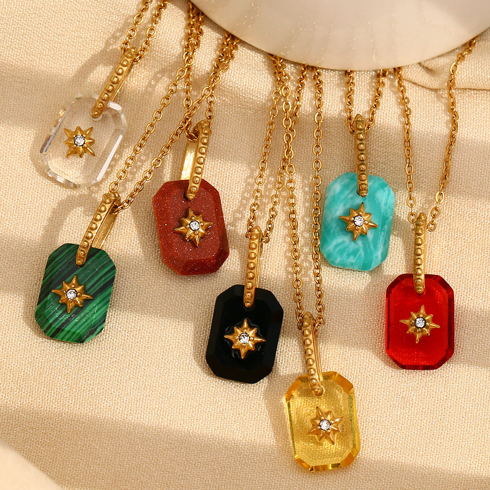 Minimalist Geometric Eight-Pointed Star Pendant Necklace for Women Stainless Steel with 18K Gold Plating and Acrylic Inlay