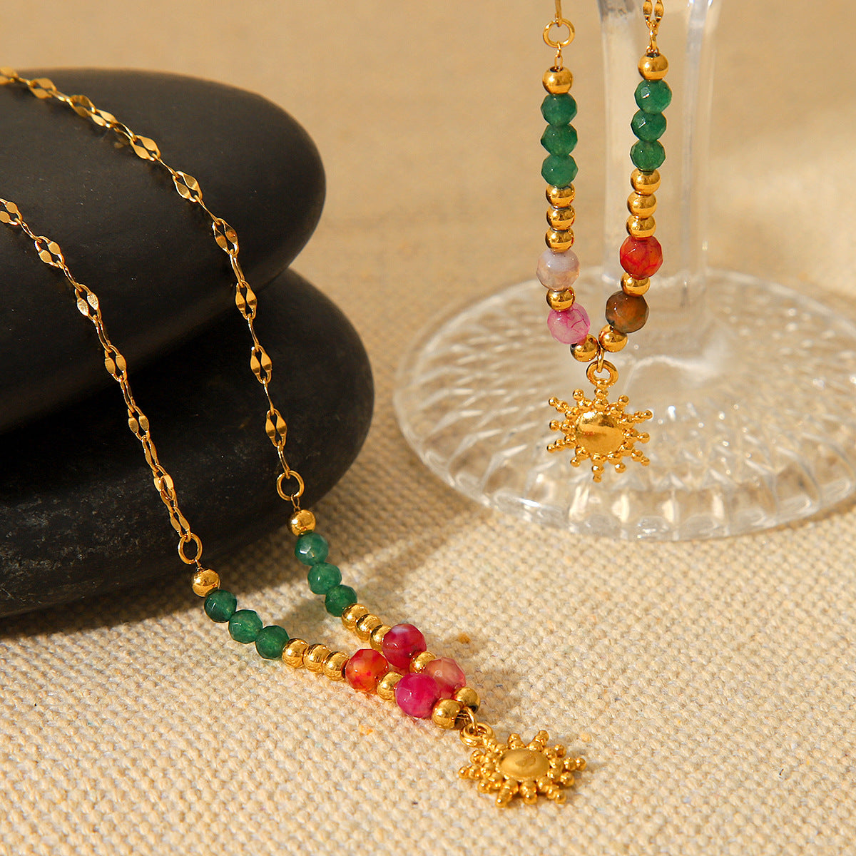 Vintage French Court Style 18K Gold Plated Stainless Steel Geometric Sun Pendant Necklace for Women with Natural Stone Beads