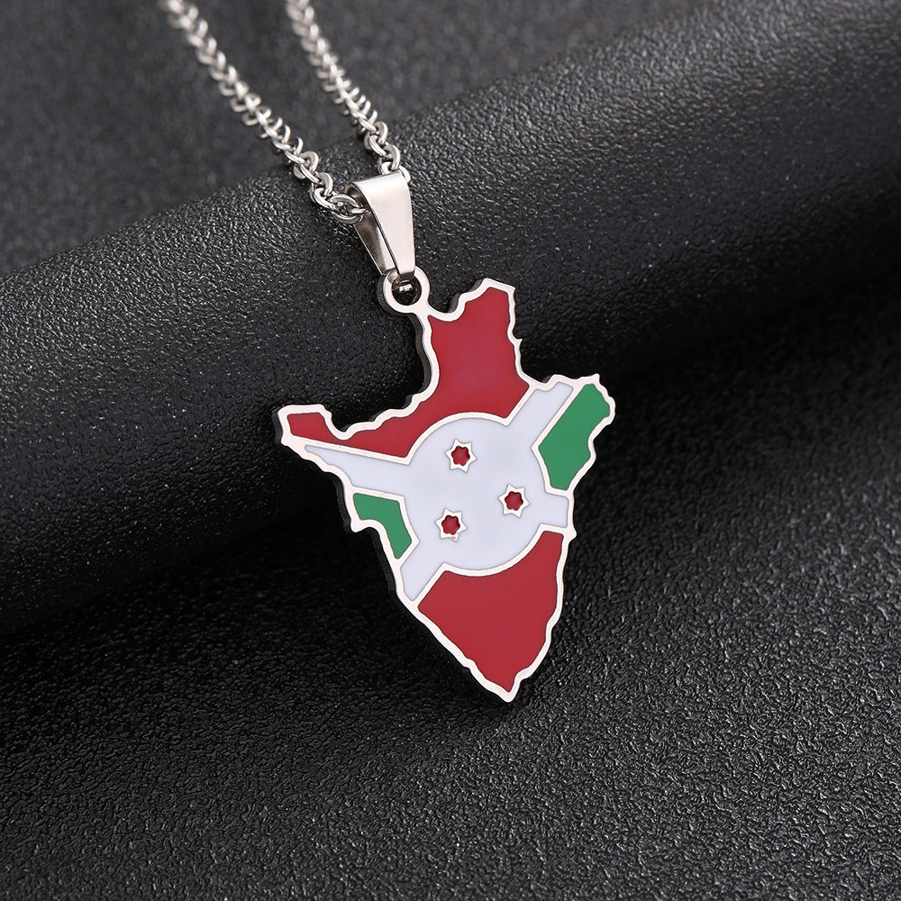 Collar colgante con mapa geométrico de Burundi de acero inoxidable con dije de acero de titanio y acabado chapado para cadena de suéter de moda unisex