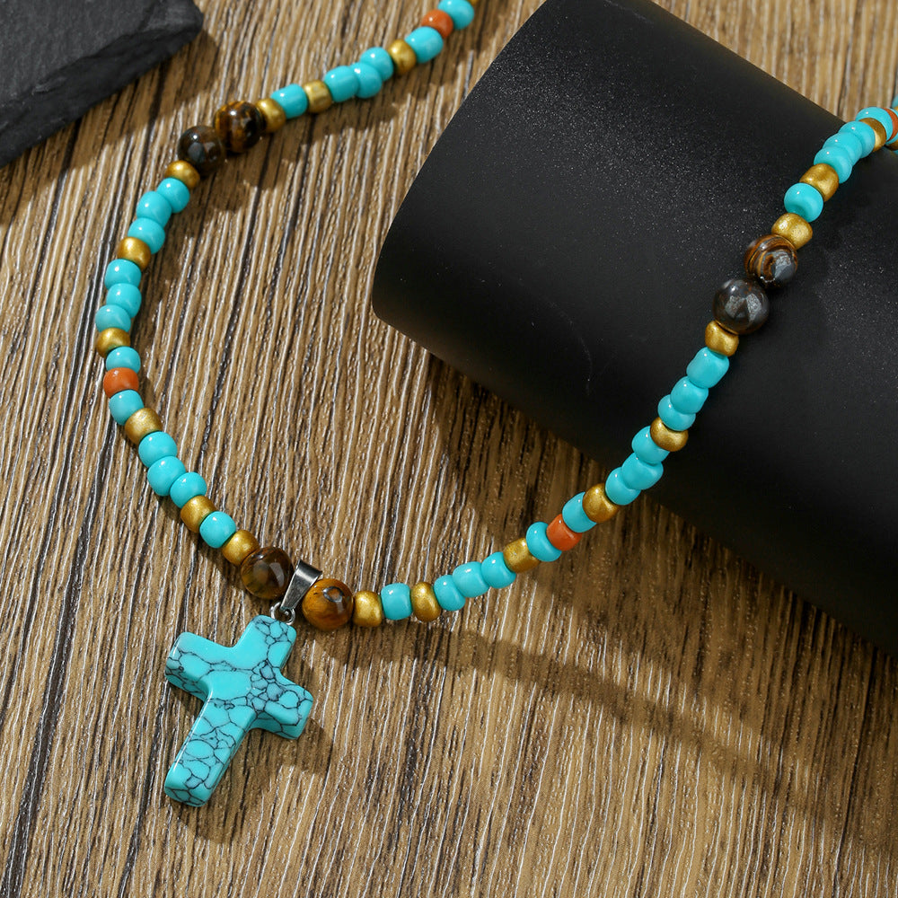 Vintage Ethnic Handmade Turquoise Bull Head Carved Geometric Pendant Necklace with Cable Chain