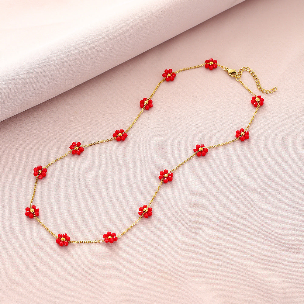 Dulce Collar Colgante de Pétalo de Cristal Floral Fresco para Mujer en Acero de Titanio con Acabado Chapado y Cadena de Eslabones