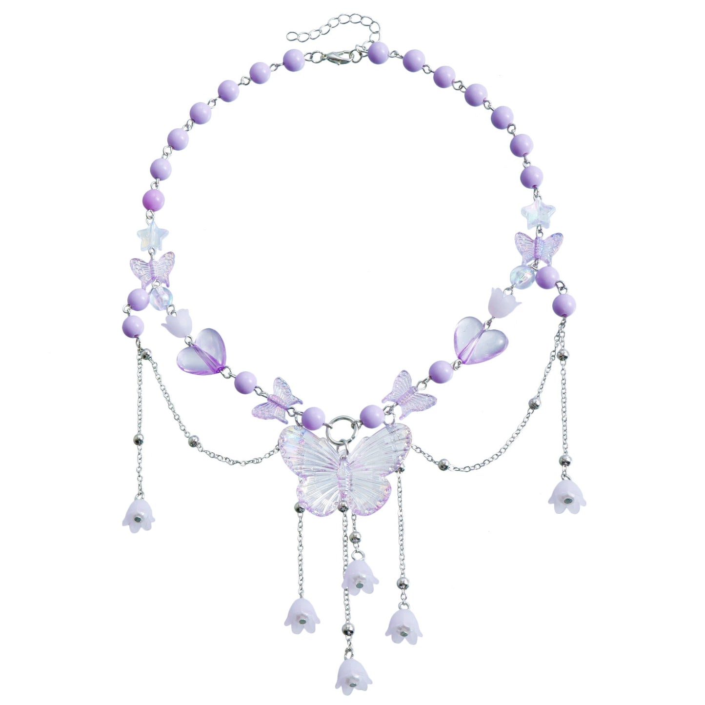 Y2K Style Heart and Butterfly Pendant Necklace with Imitation Pearls and Tassels on Resin Beaded Chain for Women