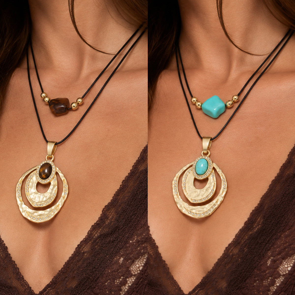 Bohemian Vintage Geometric Resin Zinc Alloy Rhinestone Pendant Necklace for Women