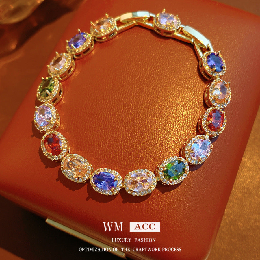 Vintage Luxury Oval Geometric Brass Bracelet with Cubic Zirconia Inlay for Women